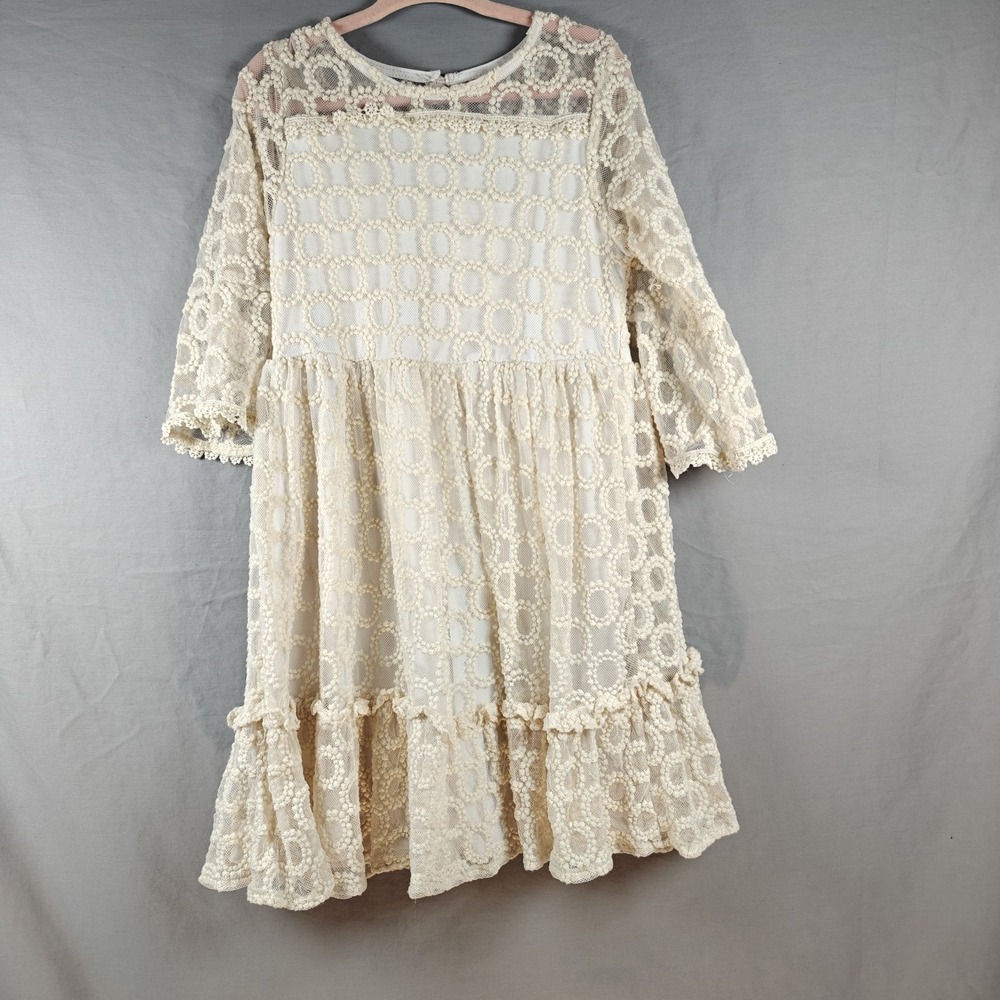 Rare Editions Girl's Size 6X Beige Cream Lace Tiered Lined‎ Midi Dress Wedding
